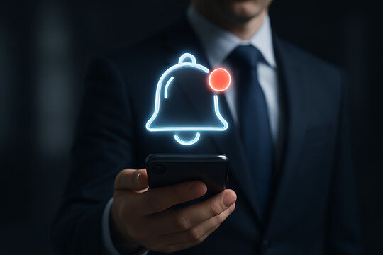 Man in a suit holding a smartphone with a glowing bell icon above it and a red notification dot, symbolizing mobile application alerts or reminders