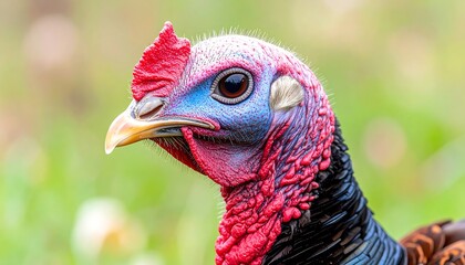 Close-up of a vibrant wild turkey head, showcasing its striking red, blue, and black plumage, and detailed texture.
