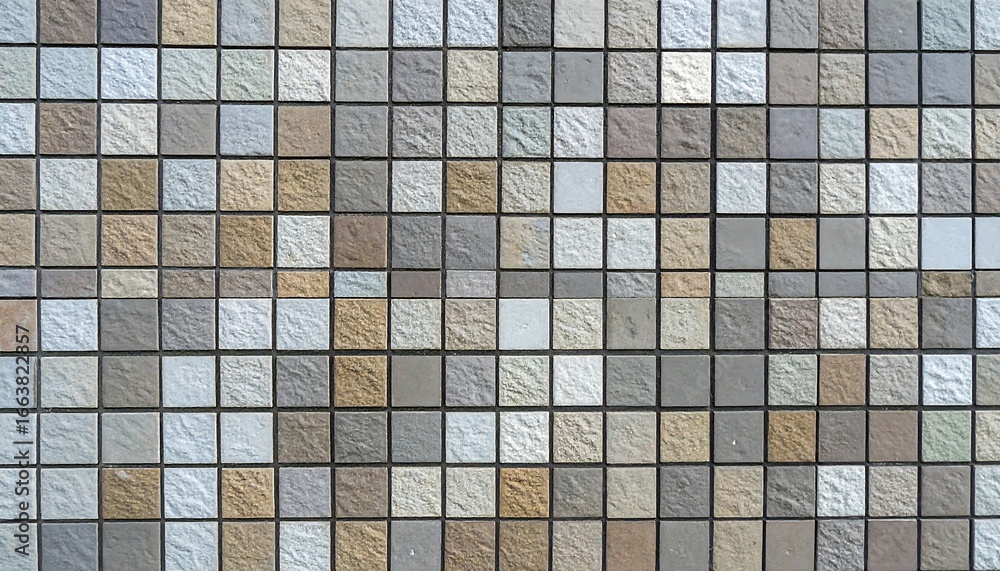 Poster a close-up view of a textured mosaic tile wall, featuring a variety of muted earth tones and subtle 