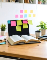 Open book on a desk with laptop and sticky notes