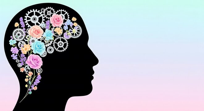 Human mind creativity concept with gears and flowers for mental health and artificial intelligence design idea