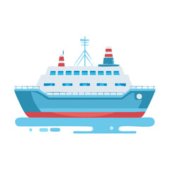 Fototapeta premium Cartoon style cruise ship floating on abstract blue water waves illustration