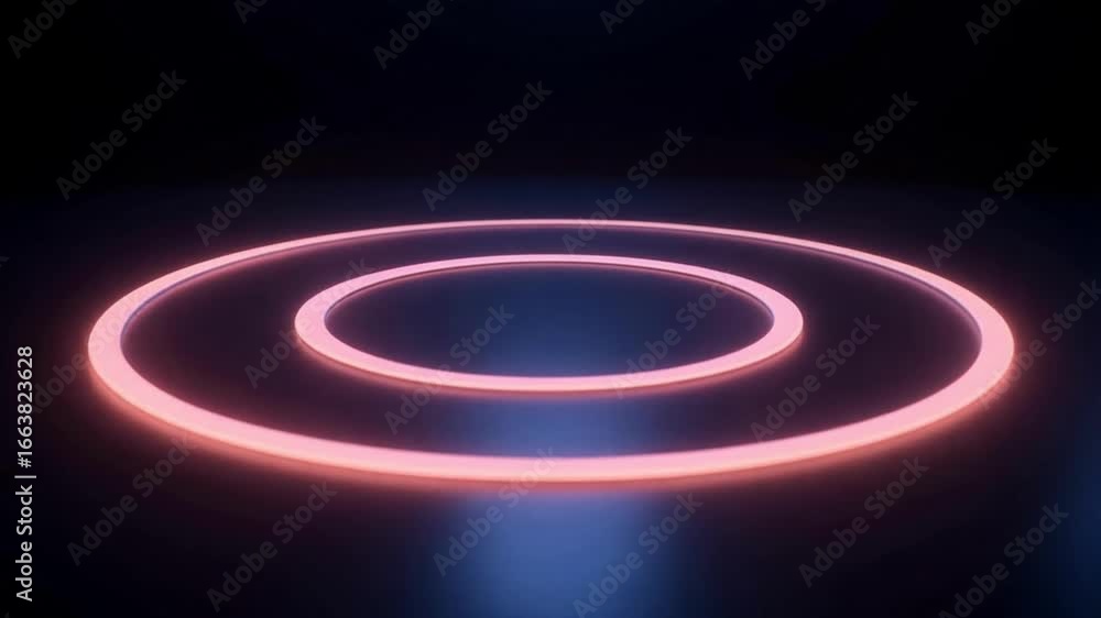 Poster dynamic glowing neon rings pulsate with energy on a dark, futuristic stage, creating a captivating v