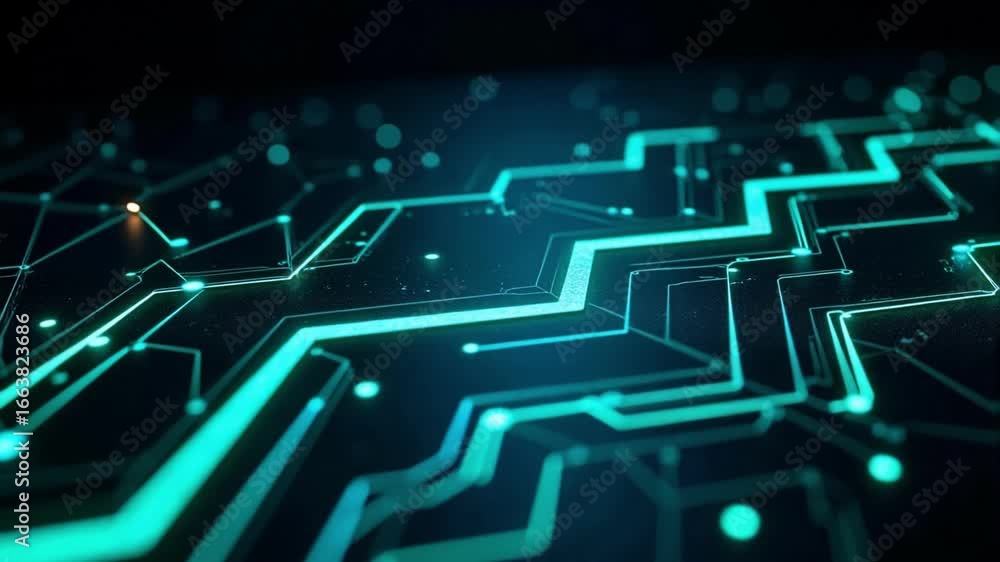 Poster dynamic glowing circuit board pathways pulsing with electric energy, representing futuristic digital