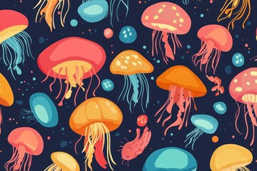 Jellyfish Seamless Pattern With Glowing Neon Effect. Underwater Jellyfish Texture. Jellyfish Tentacles Design. Detailed  Jellyfish Pattern Background With Copy space Texture For Designers.