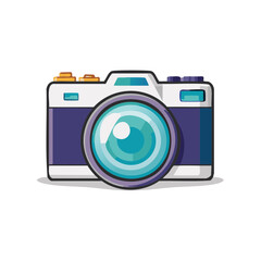 Illustration of a white and blue camera with a large lens, photography equipment