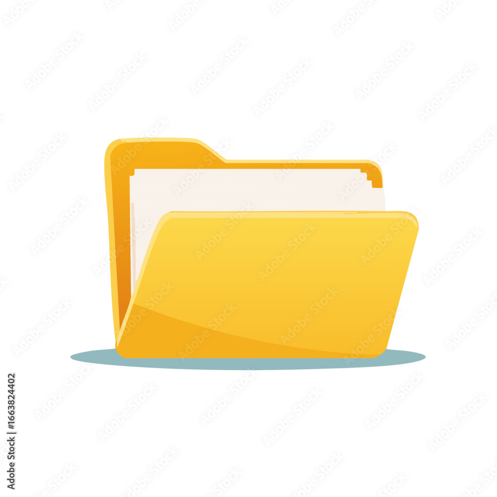 Poster yellow folder with papers, organizing files and documents, data storage and file management, office 