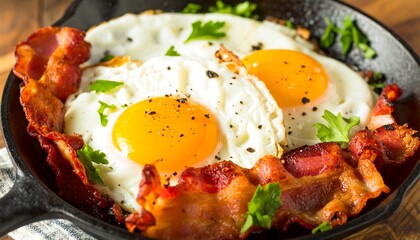Crispy bacon and perfectly cooked eggs, a delicious breakfast dish, served in a cast iron skillet.