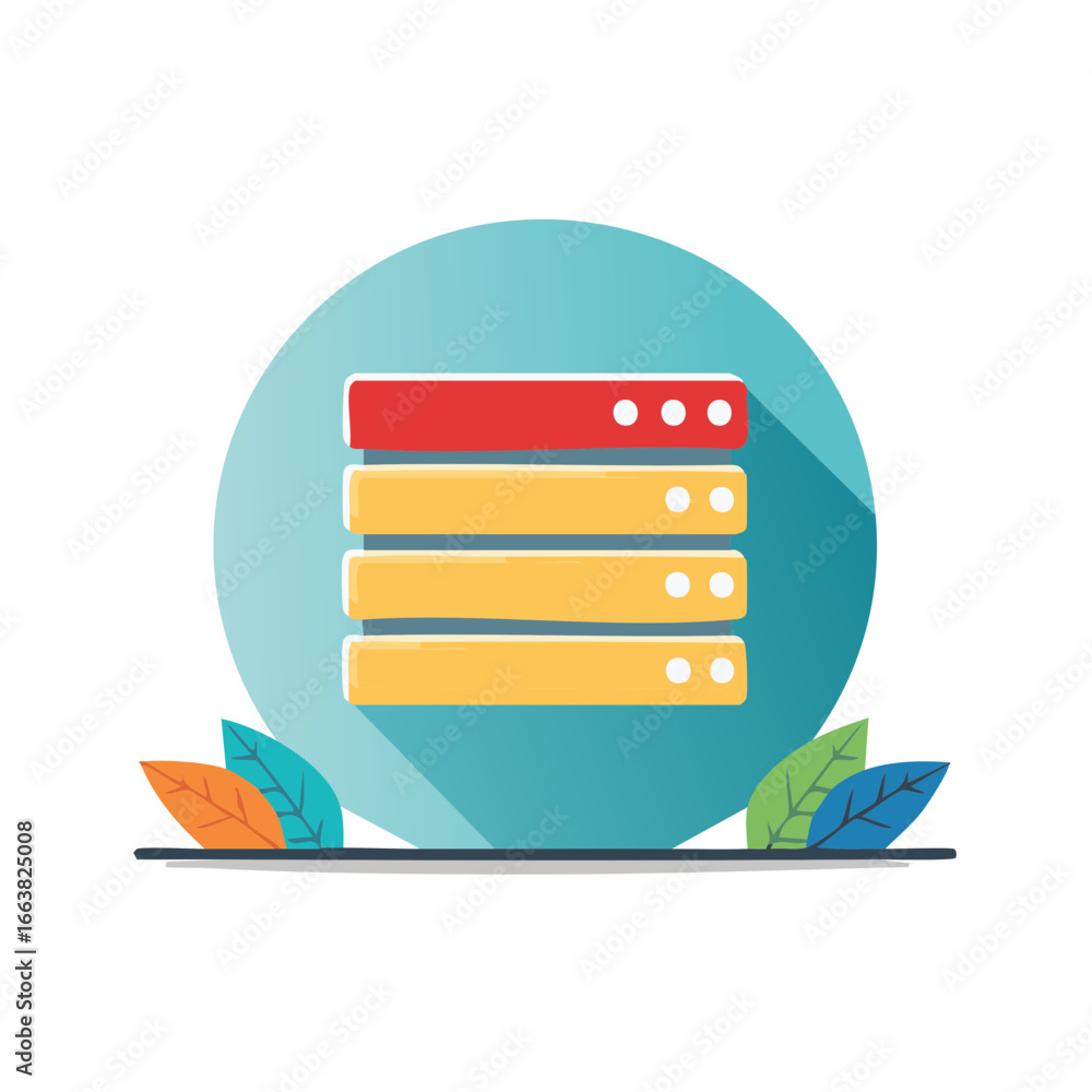 Poster server stack hosting with colorful leaves and a circular icon symbol