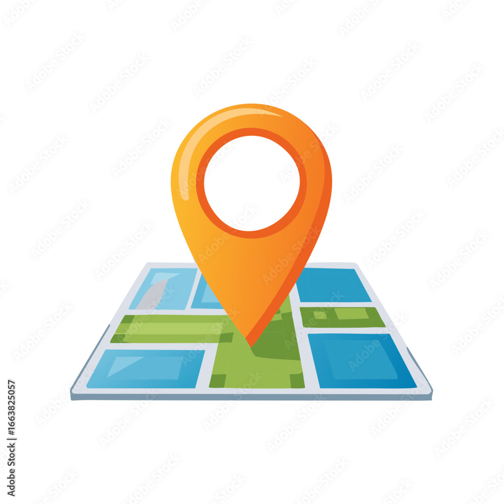 Poster orange location marker on a stylized road map identifying location or destination points