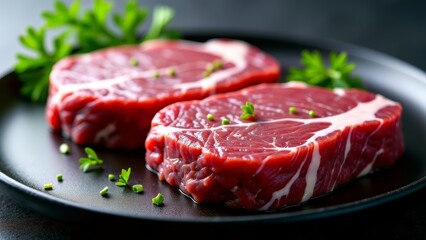 Two raw beef steaks on black plate