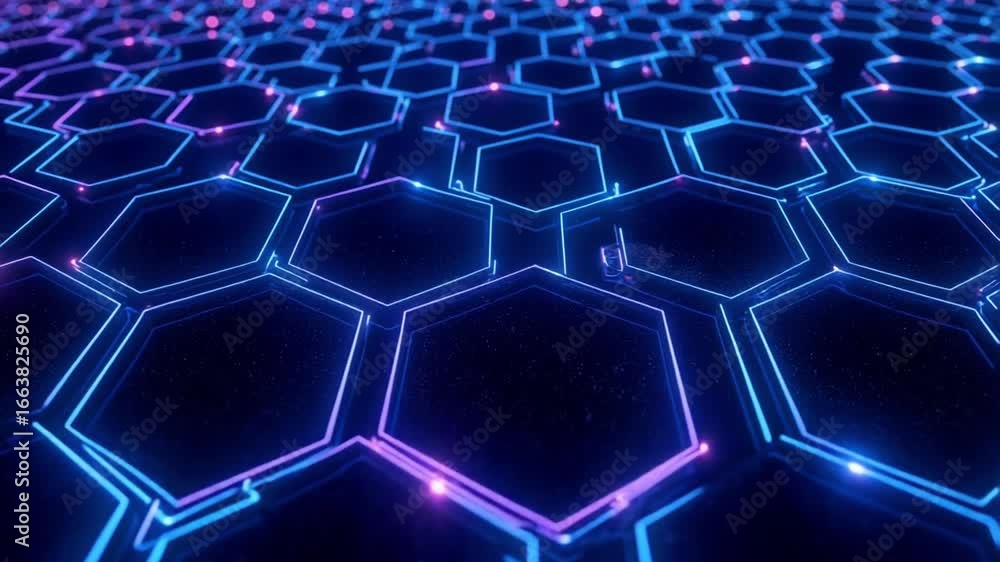 Poster abstract glowing blue and purple hexagonal grid with pulsating lights creates a futuristic digital n