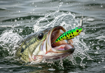 Obraz premium A large bass jumping out of the water with a fishing lure in its mouth, capturing the excitement and dynamism of a sport fishing catch.