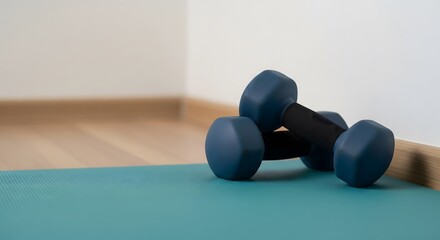 Blue dumbbells on yoga mat for home workout strength training fitness equipment and healthy lifestyle exercise