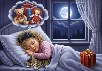 A little girl sleeps dreaming of Christmas presents, an illustration of childhood joy and the magical anticipation of Christmas morning