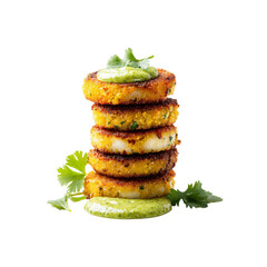 Stack of Delicious Golden-Brown Corn Fritters with Cilantro-Lime Sauce
