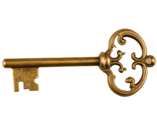 Ornamental Brass Key with Swirl Patterns isolated on transparent backdrop