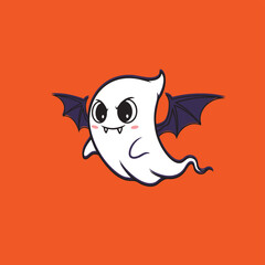 Cute ghost with bat wings flying. Kawaii Halloween spooky monster character vector illustration.
