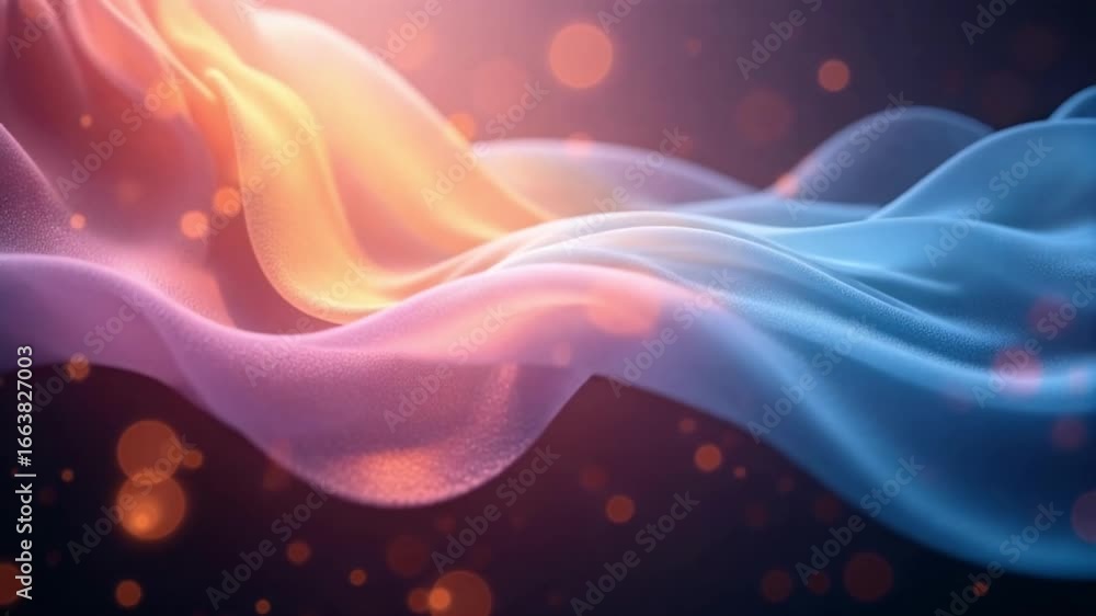 Poster dreamy flowing fabric waves with soft pastel colors and glowing bokeh lights, creating a serene and 