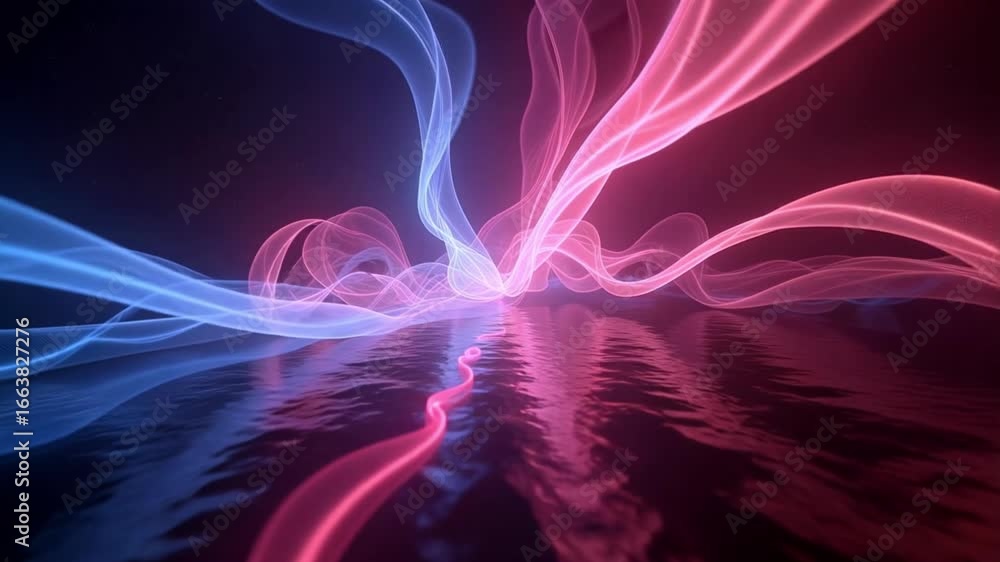 Poster experience the dynamic dance of vibrant neon energy streams flowing across a reflective water surfac