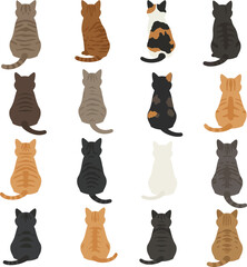 A charming and diverse vector illustration of cats in various poses. This playful collection features feline friends with different fur patterns, including tabby, calico, and solid colors. © VectaNoor