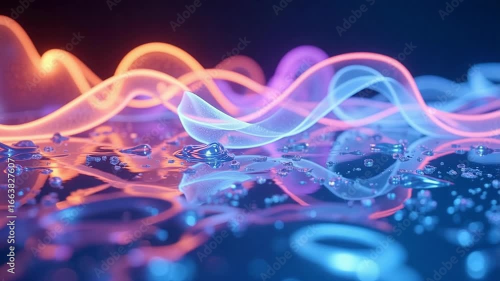 Poster dynamic glowing fluid waves ripple across a reflective surface with water droplets, creating a futur