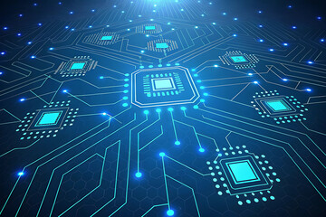 Futuristic microchip network with glowing processors and blue data lines on a hexagonal grid. Represents AI infrastructure, smart computing, and digital connectivity in cyber-tech design.