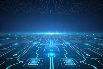 Futuristic digital landscape with glowing blue circuitry and a virtual sky. Represents AI networks, data transmission, and cyber infrastructure in a high-tech concept art.