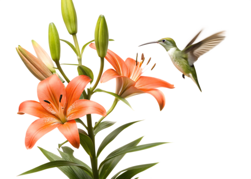 Green Hummingbird Approaching Orange Lily Blossom flying hovering isolated on a transparent background