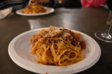 Original Pasta Bolognese With Parma Cheese In Bologna Italy