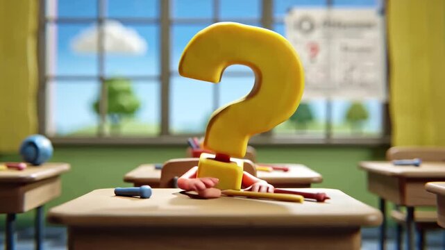 cute cartoon question mark at school