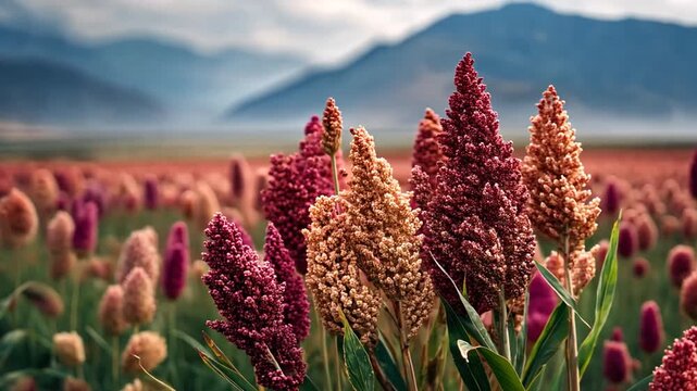 A vibrant field of sorghum plants, showcasing the rich colors of autumn.