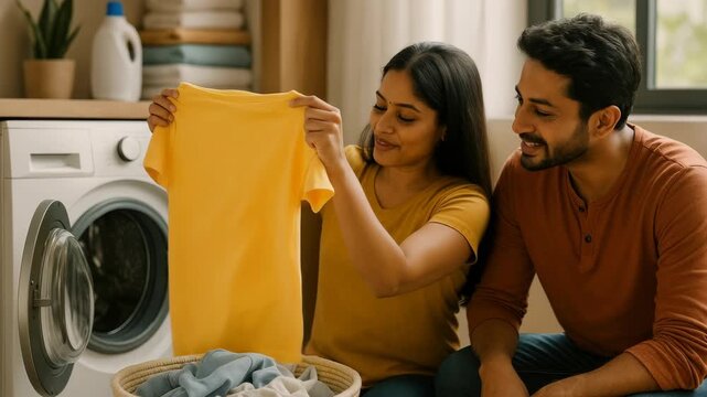 A cheerful couple doing laundry together, captured from a side angle. The video concept highlights teamwork and domestic bliss in a cozy home setting.