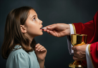 A young girl receives her First Communion, a sacred moment of faith, innocence, and deep spirituality.