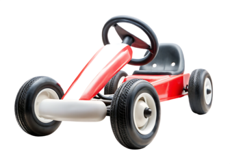 Red and white pedal go kart with steering wheel and seat pedal car children's toy isolated on a transparent background