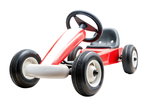 Red and white pedal go kart with steering wheel and seat pedal car children's toy isolated on a transparent background - Powered by Adobe