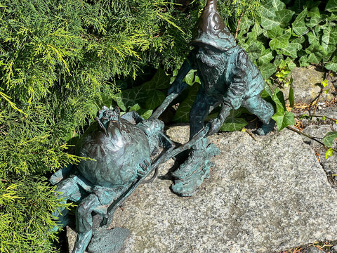 Wrocław, Poland, July 22, 2025: Gnome Wentyl (Motorcyclist) on Szewska Street in Wroclaw. Dwarfs &ndash; small figurines, a tourist attraction in Wroclaw