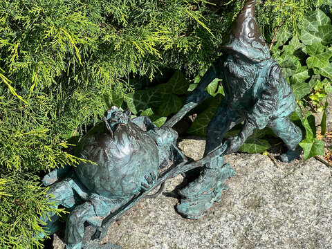 Wrocław, Poland, July 22, 2025: Gnome Wentyl (Motorcyclist) on Szewska Street in Wroclaw. Dwarfs &ndash; small figurines, a tourist attraction in Wroclaw