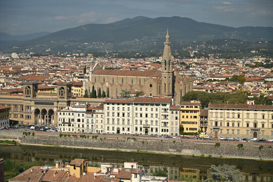 View From Piazzale Michelangelo To The Basilica Di Santa Croce Florence Italy On A Wonderful Sunny Autumn Day With A Few Clouds In The Sky