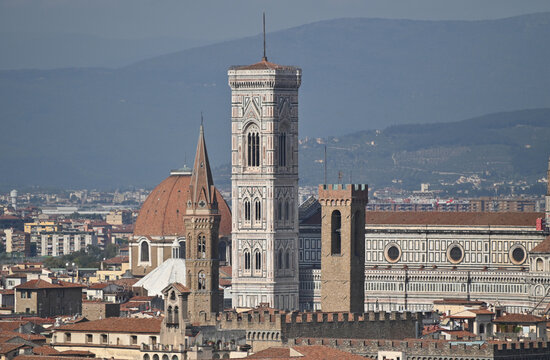 View From Piazzale Michelangelo To The Campanile Di Giotto In Florence Italy On A Wonderful Sunny Autumn Day With A Few Clouds In The Sky