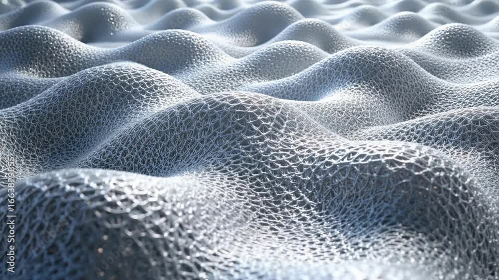 Poster dynamic metallic mesh undulates with shimmering light, creating a modern, abstract wave pattern perf