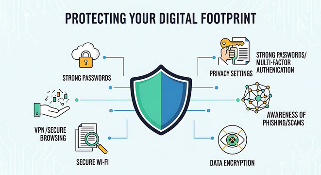 Digital footprint protection with shield and security measures for online safety and privacy settings
