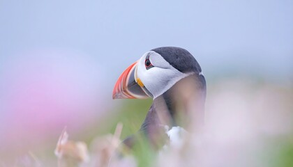 Close-up of a puffin with vibrant colors and a soft, natural background.