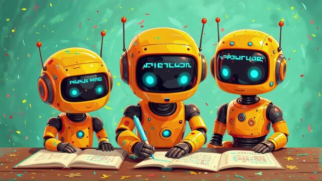 A cute robot student has a "eureka" moment during an exam, surprising its classmates. This fun animation visualizes intelligence, problem-solving, and the joy of learning.