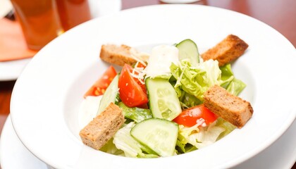 Close-up of a vibrant Caesar salad, showcasing fresh greens, crunchy croutons, colorful vegetables, and a creamy dressing, served on a white plate.