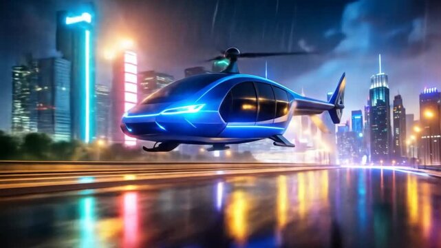 Futuristic flying vehicle city night