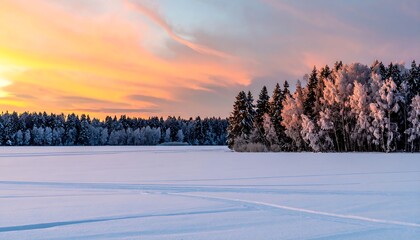 A serene winter landscape featuring a frozen lake, frosted trees, and a vibrant sunrise.