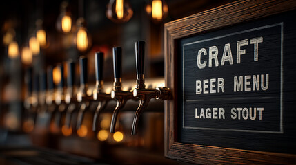 Beer taps displaying craft beer menu with warm lighting ambiance