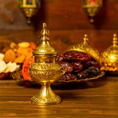 Golden pot with dates and lanterns