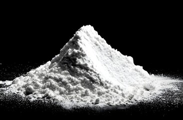 Close-up of a fine white powder pile on a black surface, showing detailed texture and granules. Neutral substance that can represent various powders